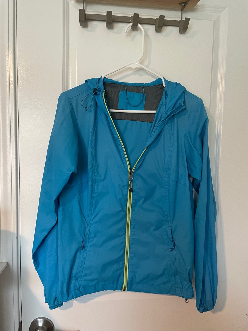 Eddie Bauer Blue Hooded Windbreaker with Yellow Trim